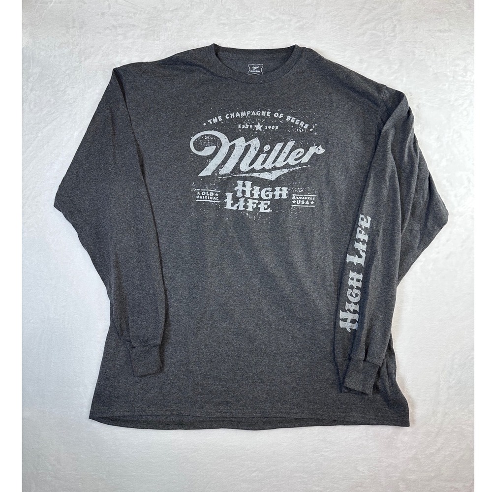 Miller High Life Long Sleeve Graphic T-Shirt Mens XL Gray Beer Promo Logo New